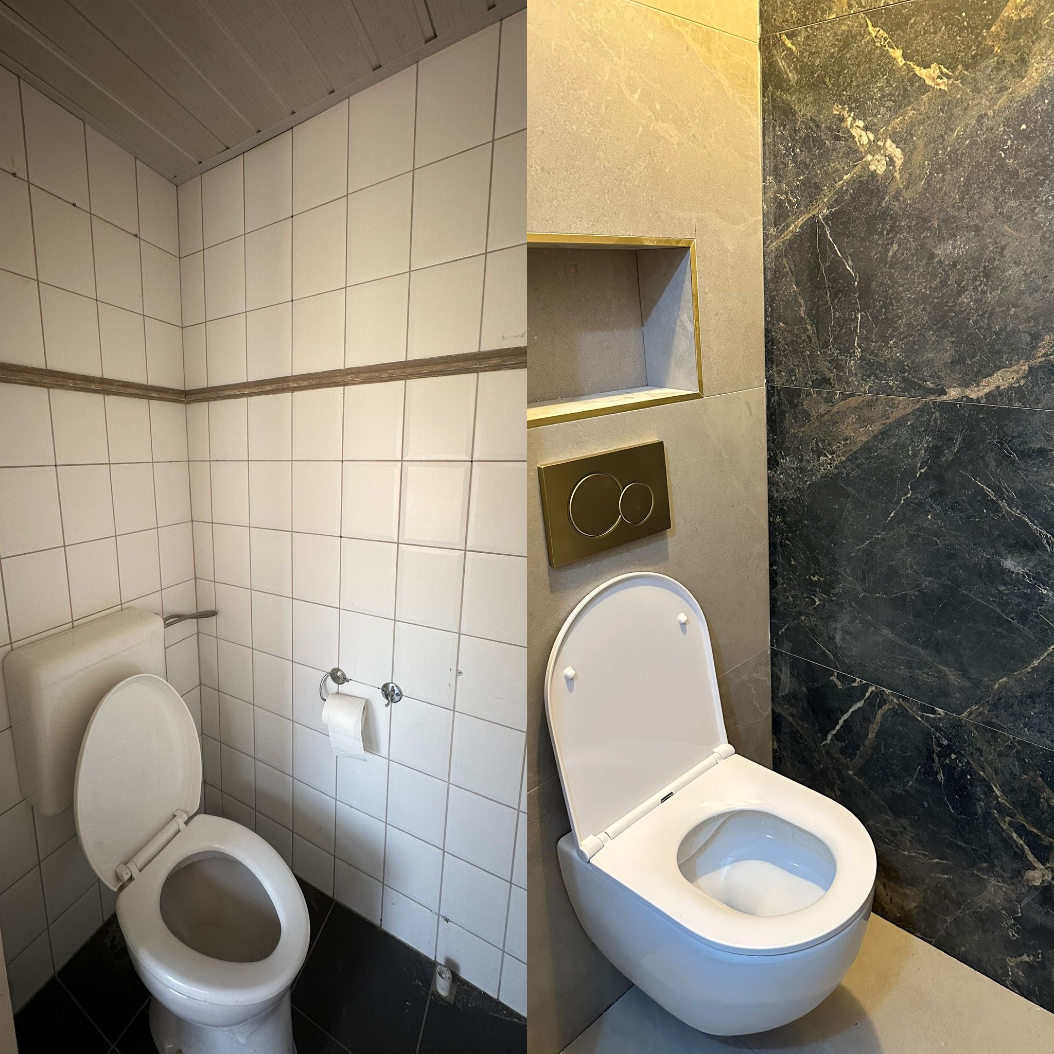 Voor en na: oud toilet met witte tegels en grijze rand, daarna een hangtoilet met donkere marmerlook wand en een nis