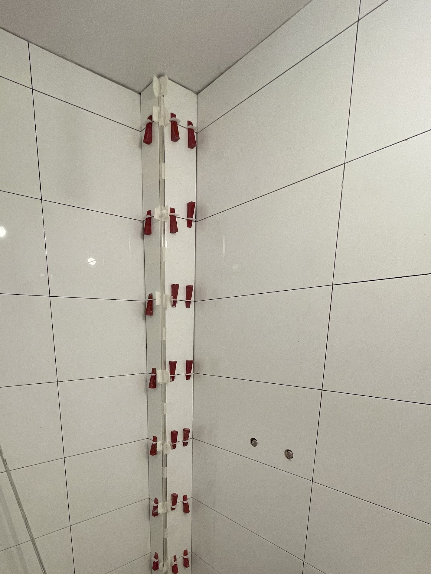 Grote witte wandtegels worden gezet met nivelleerclips